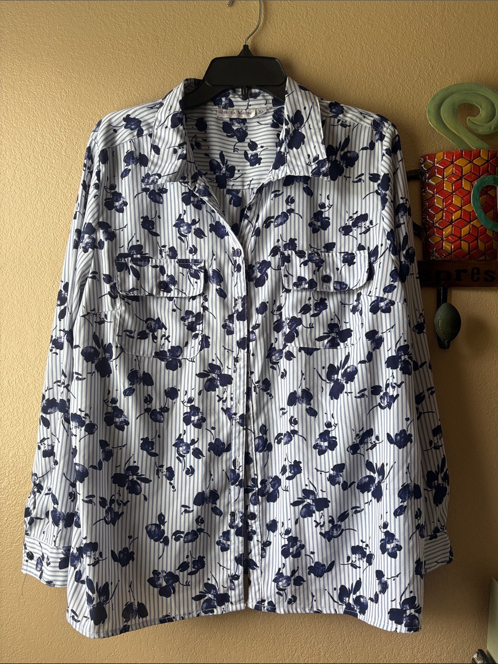 Rebecca Malone White Button-Up Blouse with Navy Floral Print